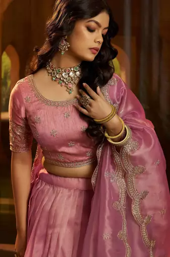  pink dori embroidered organza lehenga set choli with dupatta
