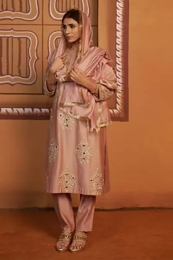 Pink embroidered silk kurta set