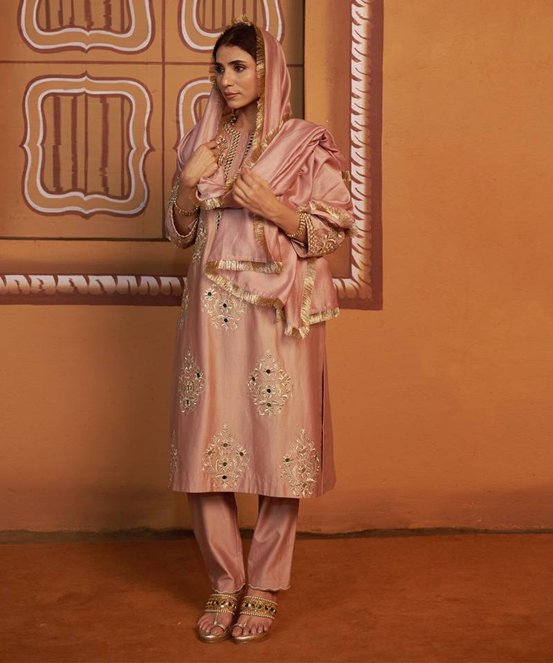 Pink embroidered silk kurta set