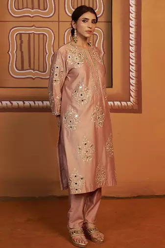 Pink embroidered silk kurta set