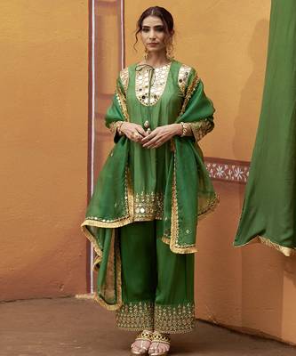 Green embroidered silk kurta set 1