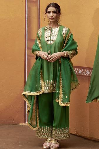 Green embroidered silk kurta set