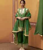 Green embroidered silk kurta set
