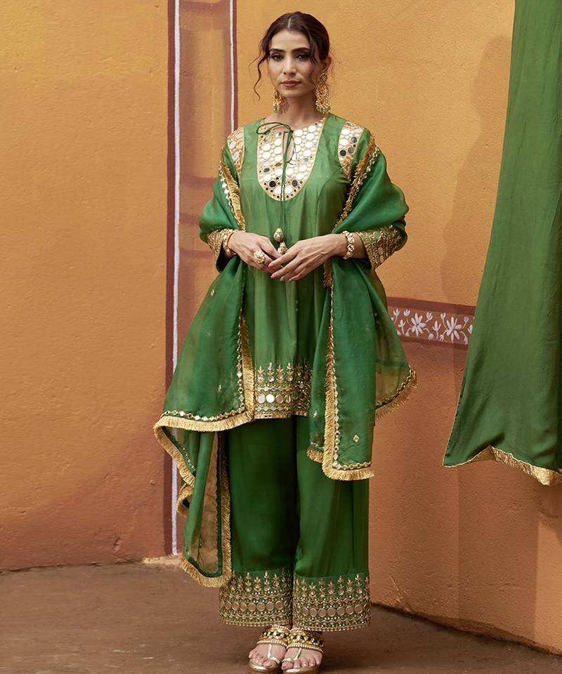 Green embroidered silk kurta set