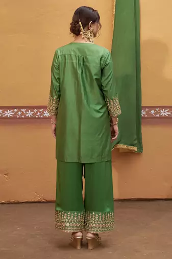 Green embroidered silk kurta set