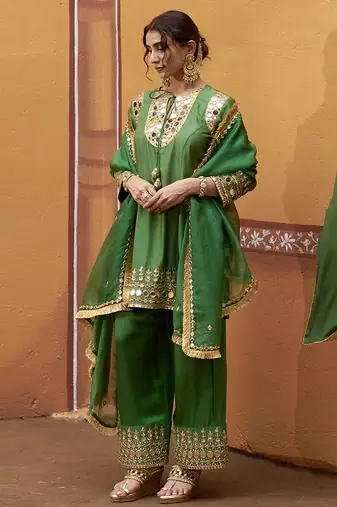 Green embroidered silk kurta set