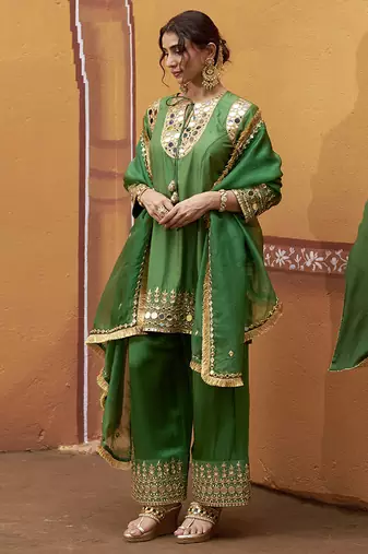 Green embroidered silk kurta set