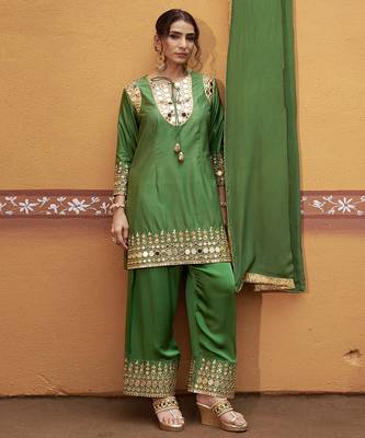 Green embroidered silk kurta set 5