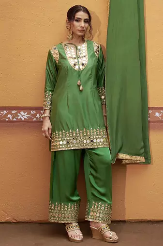Green embroidered silk kurta set