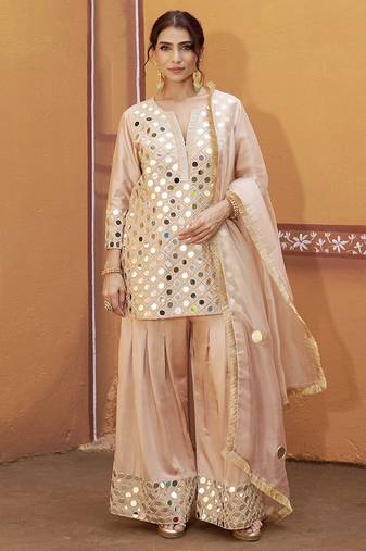 Beige embroidered silk kurta set