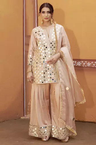 Beige embroidered silk kurta set