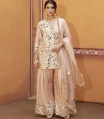 Beige embroidered silk kurta set