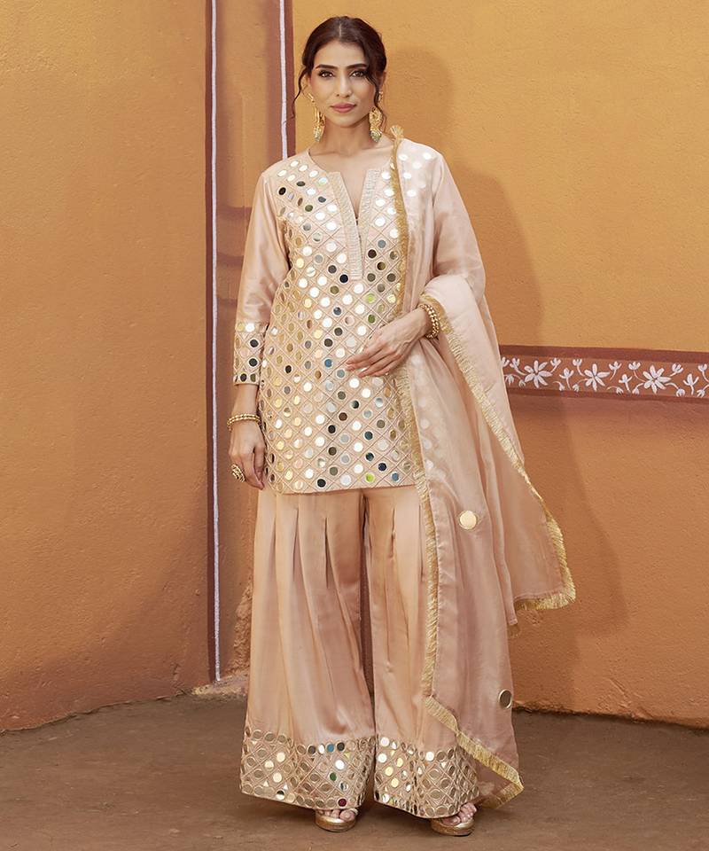 Beige embroidered silk kurta set