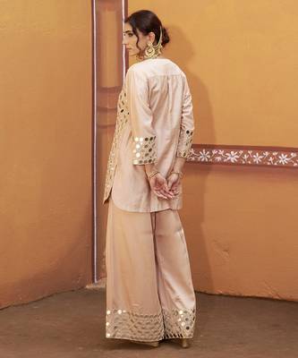 Beige embroidered silk kurta set 2