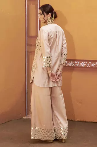 Beige embroidered silk kurta set