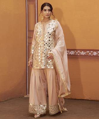 Beige embroidered silk kurta set 3