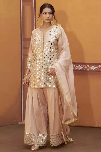 Beige embroidered silk kurta set