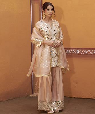 Beige embroidered silk kurta set 4