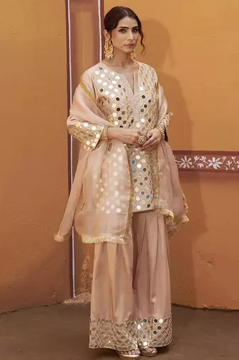 Beige embroidered silk kurta set