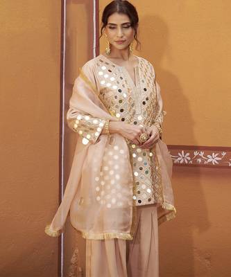 Beige embroidered silk kurta set 5