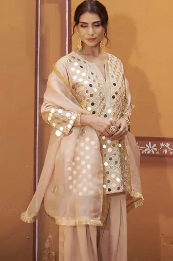 Beige embroidered silk kurta set