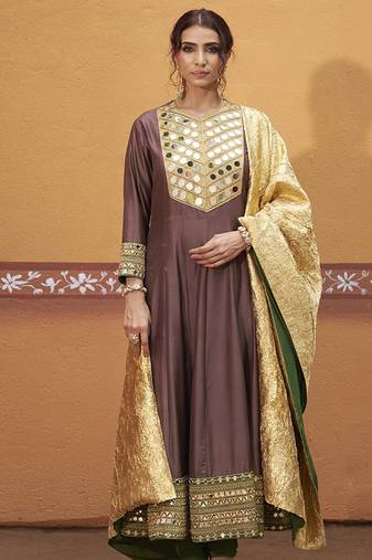 Brown embroidered silk kurta set