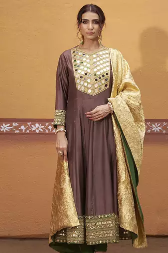 Brown embroidered silk kurta set