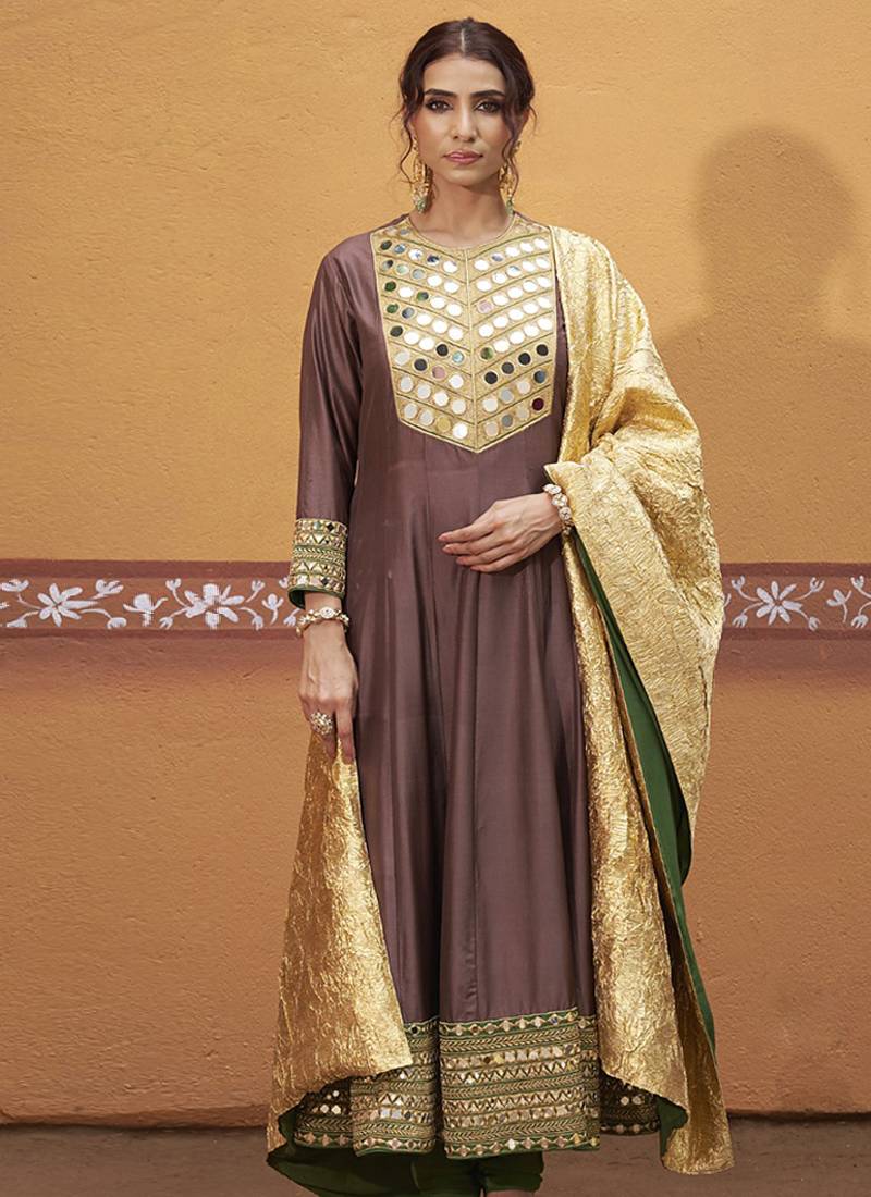 Brown embroidered silk kurta set
