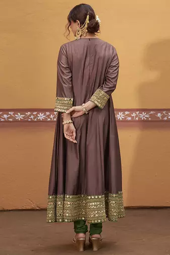 Brown embroidered silk kurta set