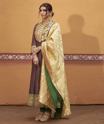 Brown embroidered silk kurta set 3