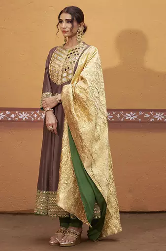 Brown embroidered silk kurta set