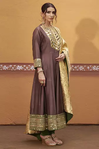 Brown embroidered silk kurta set