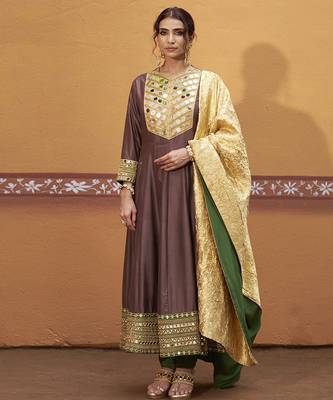 Brown embroidered silk kurta set 5