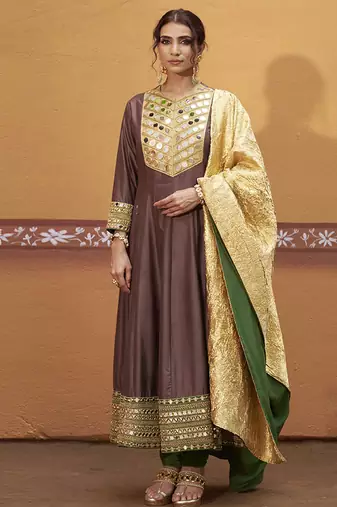 Brown embroidered silk kurta set