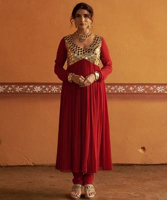 Red embroidered silk kurta set 1