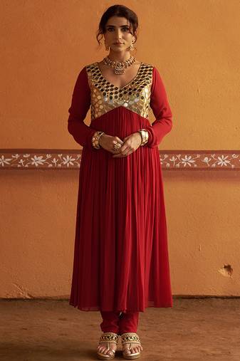 Red embroidered silk kurta set