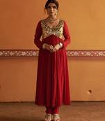 Red embroidered silk kurta set