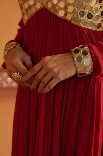 Red embroidered silk kurta set