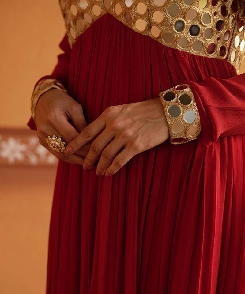 Red embroidered silk kurta set