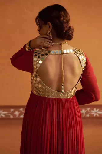 Red embroidered silk kurta set