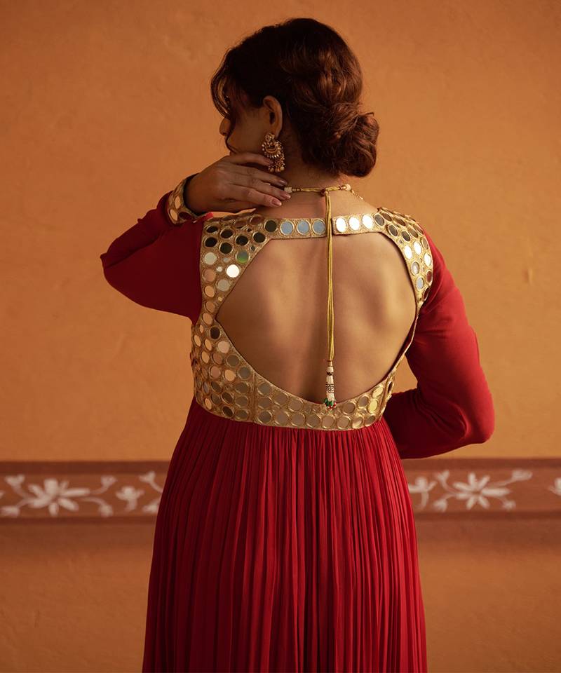 Red embroidered silk kurta set