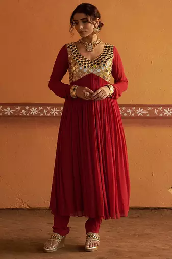 Red embroidered silk kurta set