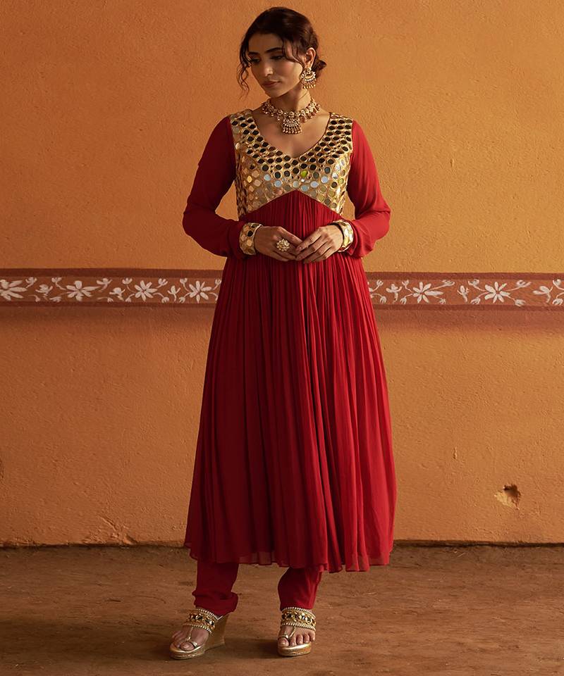 Red embroidered silk kurta set