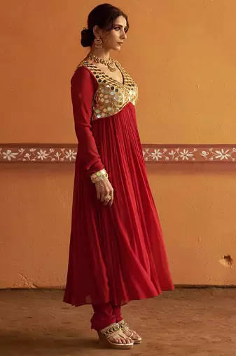 Red embroidered silk kurta set
