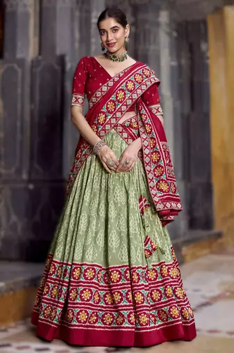 sea-green Tasar Silk Ikkat Printed Lehenga Choli Set with Embroidered Blouse & Dupatta