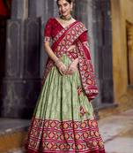 sea-green Tasar Silk Ikkat Printed Lehenga Choli Set with Embroidered Blouse & Dupatta