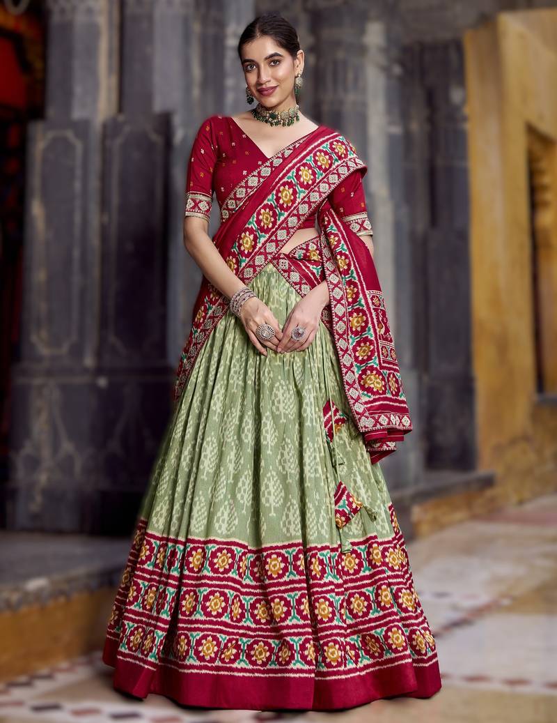 sea-green Tasar Silk Ikkat Printed Lehenga Choli Set with Embroidered Blouse & Dupatta