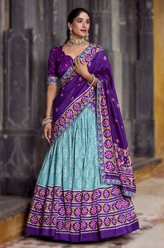 sky-blue Tasar Silk Ikkat Printed Lehenga Choli Set with Embroidered Blouse & Dupatta