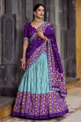 sky-blue Tasar Silk Ikkat Printed Lehenga Choli Set with Embroidered Blouse & Dupatta