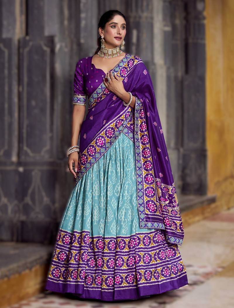 sky-blue Tasar Silk Ikkat Printed Lehenga Choli Set with Embroidered Blouse & Dupatta